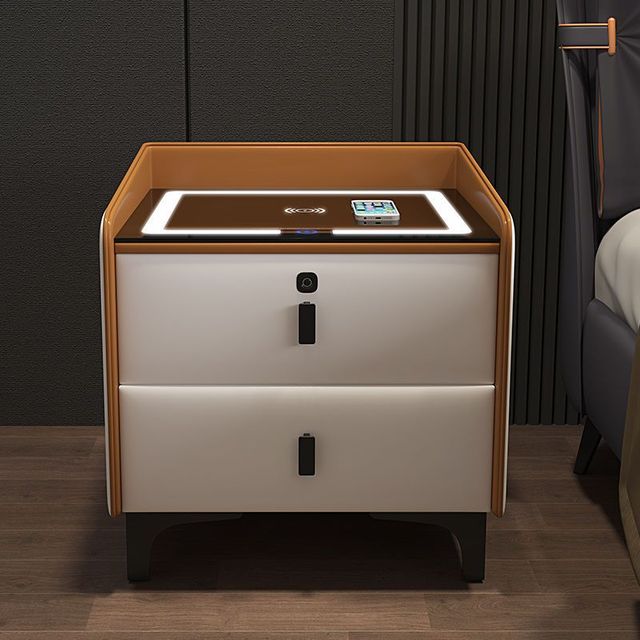 Luxury Smart Bedside Table Wireless Charger Bluetooth Speaker USB Port LED Light 2 Drawers Modern Nightstand Bedroom Wood