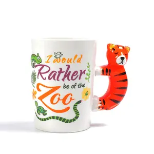 Großhandel knochen angelrute-Drink ware Home GIft 3D Neuheit Glasur Keramik Tiger Angelrute Kaffeetasse mit kreativem Handgriff
