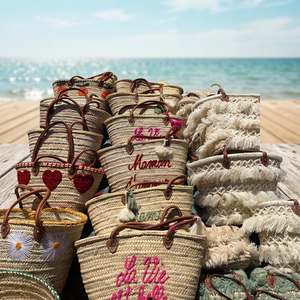 Handmade Straw Basket With Red Handles And Tassels La Vie Est Belle Embroidery Natural Bamboo Weave Bucket Bag - Product Image 4