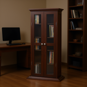 Meuble de rangement en bois pour médias avec portes en verre pour organiser les DVD, les CD, le mobilier de bureau, design traditionnel - Product Image 2