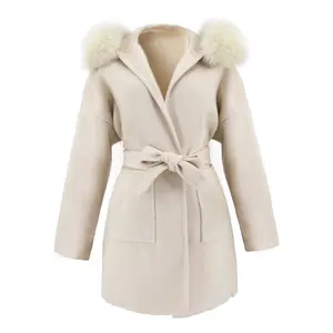 Qiuchen-qc19055-Chaqueta de Cachemira de piel de zorro real para mujer, cinturón largo con capucha de doble cara, abrigo de lana 2022, novedad de 100%
