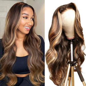Perruque frontale en dentelle HD transparente 13x4, cheveux Remy naturels, longue ondulation, mèches balayage, couleur piano, sans colle, cheveux bruts - Product Image 1