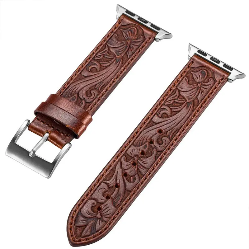 Handmade Retro Genuine Leather Straps For Iwatch 8 7 Vintage Pressed Engraved Leather Smart Watch Band For Apple Watch 9 41mm
