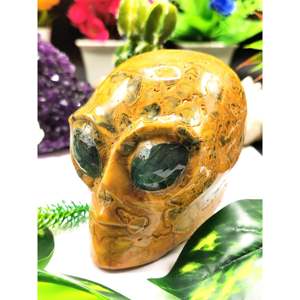 หัวเอเลี่ยนลายคริสตัล Crazy Lace Agate พร้อมดวงตาลาบราดอไรต์ - คริสตัลบำบัด - Product Image 1