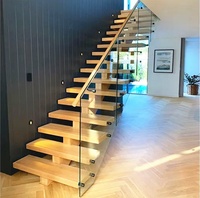Escalier flottant moderne en chêne massif de 100 mm d'épaisseur avec garde-corps en verre pour appartement de haute qualité, escalier cantilever pour cuisine