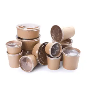 Disposable Waterproof Microwavable Kraft Paper Soup Cup With Paper PP Lid To Go Food Packing Container Bowl Box Tray