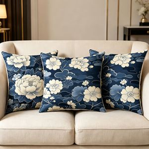 Housse de coussin lombaire carrée Hanlin bleue et blanche à motifs floraux, lavable, pour canapé de salon - Product Image 1