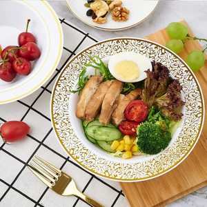 Assiettes en plastique jetables dorées creuses de 12 oz, 7,5 pouces de profondeur, design moderne, vaisselle en PP métallique pour fête, assiettes à salade, à soupe, à dîner gravées - Product Image 5