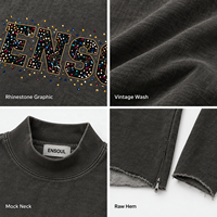 T-shirts pour hommes surdimensionnés à manches longues, coupe carrée, avec graphique en strass, ourlet brut, fermeture éclair, style streetwear, effet délavé vintage, personnalisables OEM/ODM de qualité supérieure