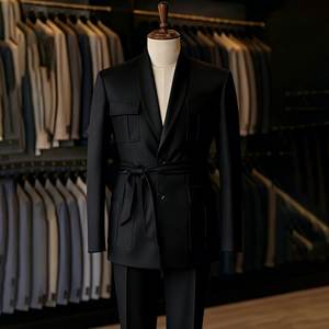 <span class=keywords><strong>Costume</strong></span> homme bleu marine avec ceinture, revers châle, coupe ajustée, blazer simple boutonnage, vêtement de luxe 2 pièces (veste et pantalon) pour le quotidien - Product Image 2