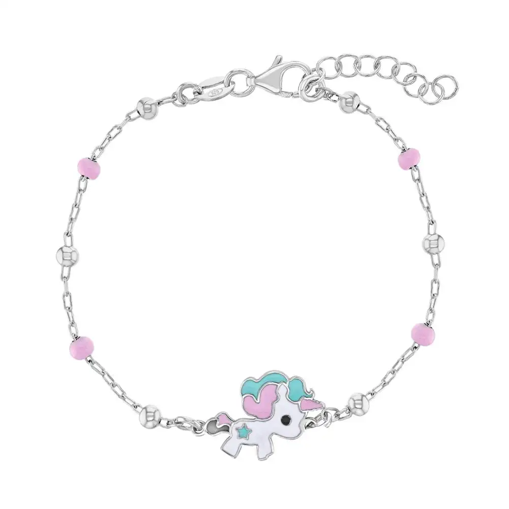 Adjustable Cute Pink and White Enamel Magical Unicorn Baby Girls Beads Bracelet 925 Sterling Silver