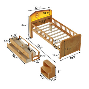 Lit enfant en bois massif naturel avec éclairage LED, tiroirs de rangement et barrières de sécurité, couleur blé, pour chambre d'enfant - Product Image 4