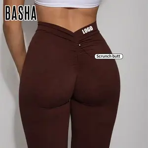 2023 Leggings femininas esportivas com logotipo personalizado, leggings flexíveis para levantar o bumbum, leggings com costas em V, confortável