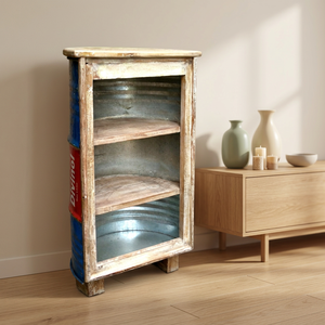 Étagère de présentation vintage en fer, fabriquée à partir d'un fût d'huile, avec 3 étagères en bois et une table supérieure en forme de D, artisanat indien, meubles - Product Image 3