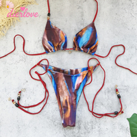 Tie-dye print driehoekige bikiniset, tie-side, lage taille, rugloze, tweedelige badpak, zomerstrandkleding, bikini badkleding, groothandel