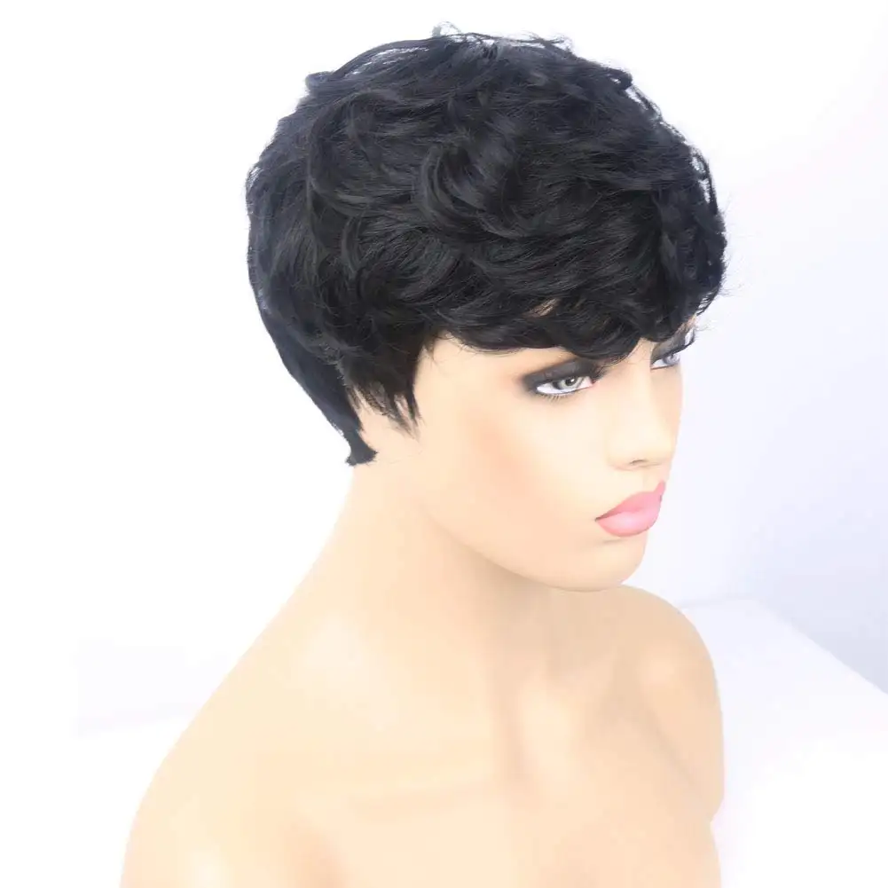 G&T Human Hair Wigs with Bangs Pixie Cut Brazilian Hair Wigs Short Black Layered Wavy Wigs for Black Women