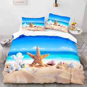 Toptan yatak yorgan seti 3 adet kıyı nevresim takımı kraliçe boyutu plaj yorgan turkuaz mavi okyanus doğal temalı plaj