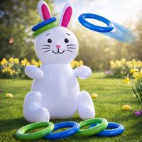 30-Zoll Osterhase Aufblasbares Ringwurfspiel für Kinder und Erwachsene, 6 Ringe, Gewichteter Boden, Familien-Outdoor-Party, Weiß