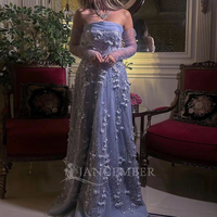 Robe de soirée élégante rose poudré à fleurs 3D sans bretelles avec manches longues pour femmes arabes, fête de mariage Lsz344-1
