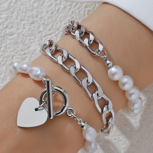 Retro-chic, light luxury, unique faux pearl heart pendant OT buckle <b>bracelet</b> <b>set</b>, European and American style multi-layered - Product Image 2