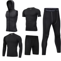 Ensemble de sport cinq pièces pour homme, couleur unie, séchage rapide, manches longues, en soie de lait, élasthanne et polyester, pour le fitness