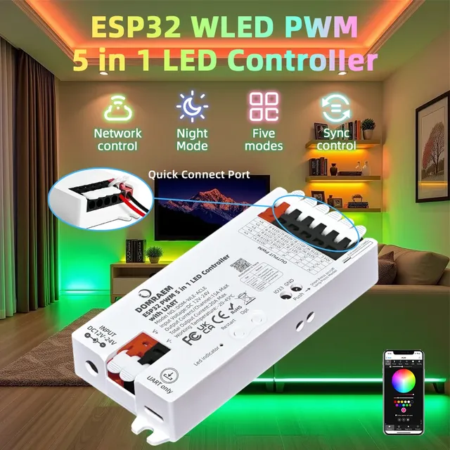 DOMRAEM ESP32 WLED Controller UART 5-in-1 RGBW RGBCCT LED Strip Works Alexa Google Home Assistant PWM Dimming WIFI APP Remote