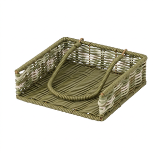 Porta Servilletas Cuadrado de Ratán Tejido a Mano en Verde Oliva y Blanco Marfil con Asa Central / Cesta Pequeña de Almacenamiento / Dispensador de Pañuelos Estilo Bohemio - Product Image 1