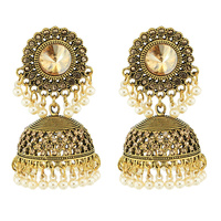 Usine en gros à la mode plaqué or cristal strass fleur émail cage à oiseaux perles gland indien Jhumka boucles d'oreilles