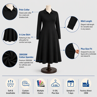 Robe midi élégante en coton et élasthanne tricoté, coupe trapèze, 280 GSM, opaque, grande taille, col polo, manches longues, pour femme, hiver, personnalisable avec logo OEM