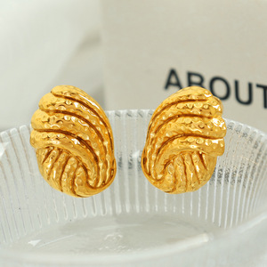 <b>Titanium</b> Steel 18k Electroplated <b>Stud</b> Earrings Gold Asymmetrical Pleated Fan Shape Minimalist Design Fashion Jewelry - Product Image 3