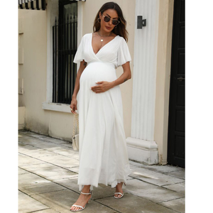Robe de maternité en promotion : Nouvelle robe blanche élégante à col en V et manches courtes <span class=keywords><strong>pour</strong></span> <span class=keywords><strong>femme</strong></span> <span class=keywords><strong>enceinte</strong></span>, idéale <span class=keywords><strong>pour</strong></span> l'été et comme robe de mariée. - Product Image 1