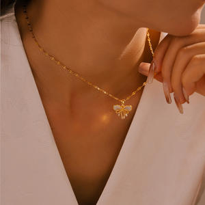 フレンチタッセルウォーターシェルダブルボウ銅ペンダントネックレス妖精スタイルデザイン18Kリアルゴールドクラビクルチェーンチタン蝶 - Product Image 3