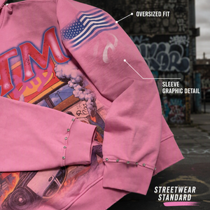 Sudadera con capucha rosa Y2K de moda con pedrería y efecto desgastado para hombre, estilo vintage con estampado gráfico, de gran tamaño, estilo urbano. - Product Image 5