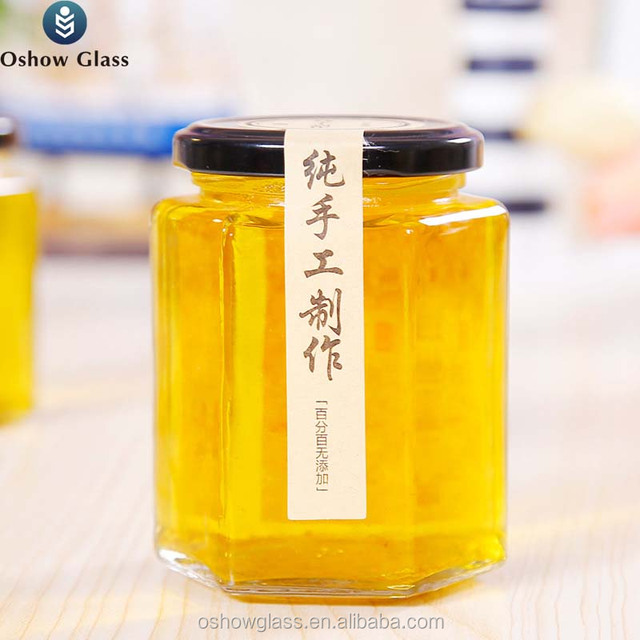 380ml 730ml 1000ml Hexagonal Glass Storage Honey Jars for Jam Pickle With Metal Gold Lids
