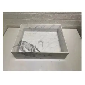 सफेद संगमरमर सजावटी पत्थर स्क्वायर बाथरूम वेसल सिंक वॉश बेसिन होटल के लिए हाथ से नक्काशीदार पत्थर सिंक