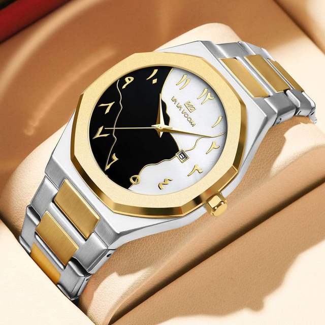 VA VA VOOM 2933 Men Watch Fashion Stainless Steel Business Style Gold Luxury Calendar Clock Marble Dial Quartz Movement Watches