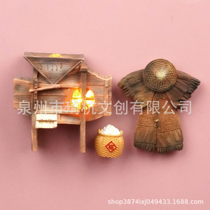 Rustic Refrigerator Magnets Vintage Rice Threshing Cart And Raincoat Set Handmade Decorative Gift For Home <b>Kitchen</b> - Product Image 1