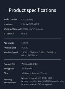 ชิปเซ็ต <span class=keywords><strong>Intel</strong></span> <span class=keywords><strong>AX210</strong></span> Pro รองรับ <span class=keywords><strong>WIFI</strong></span> <span class=keywords><strong>6E</strong></span> ความเร็ว 5374Mbps 2.4G/5G/6Ghz 802.11AX สำหรับ BT 5.2 อะแดปเตอร์เครือข่ายไร้สาย WiFi6E สำหรับพีซี รองรับ Win10/11 - Product Image 6