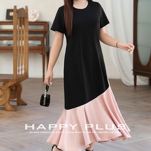 Robe longue asymétrique patchwork Runqi pour femme grande taille, noire, col rond, en satin, coupe sirène, taille naturelle - Product Image 4