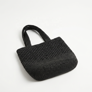Sac fourre-tout en raphia noir crocheté, écologique, portable, à porter à l'épaule, ouvert, taille personnalisée pour usage quotidien - Product Image 3