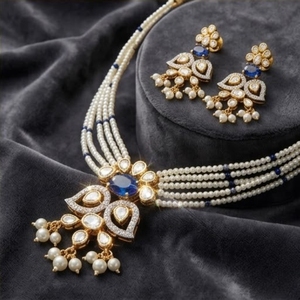 Designer 925 <b>Silver</b> Pearl Kundan Necklace Set With Blue Stone Bridal Jewelry Traditional Wedding <b>Choker</b> Set For Women - Product Image 4