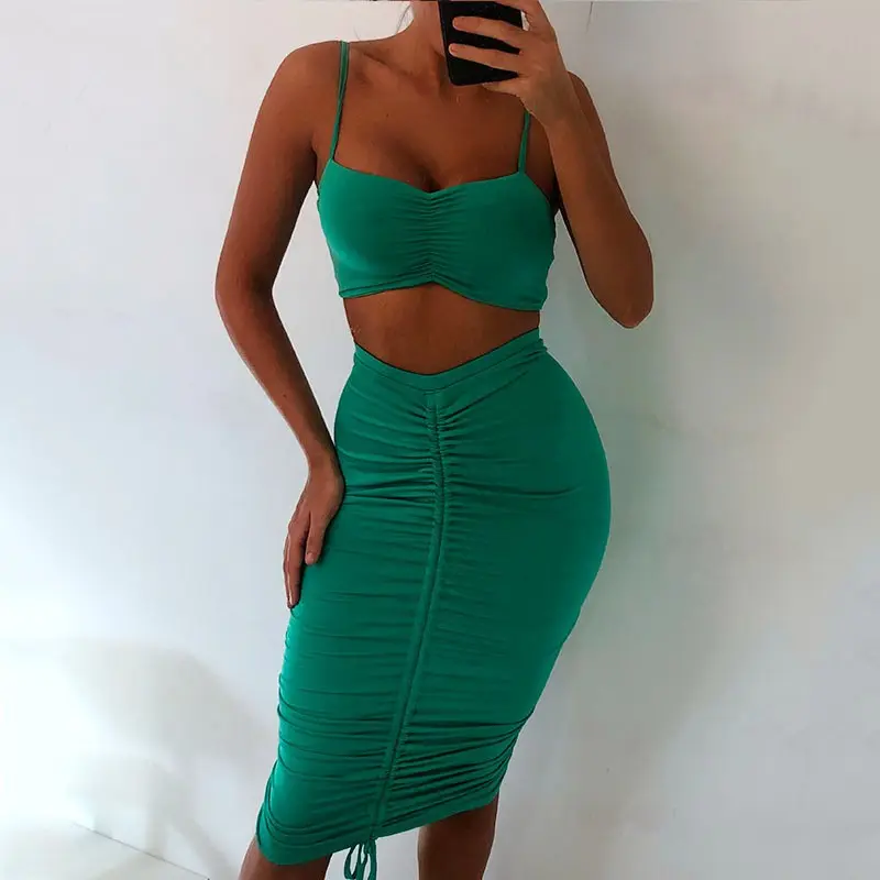 Two Piece Set Women Outfits Crop Top And Skirts Matching Sets Woman 2 Pieces Bandage Pleated Skirt Y11304