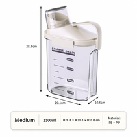 Toples Penyimpanan Biji-bijian Kedap Udara 1500ml dengan Tutup Gelas Ukur, Gagang Pendek, Bahan PP Food Grade, Anti Lembab, Wadah Dapur