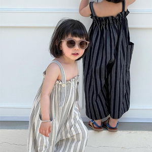 Mono de tirantes sin mangas de vendaje informal para niñas, monos con estampado de rayas a la moda, pantalones largos, ropa para niños - Product Image 6