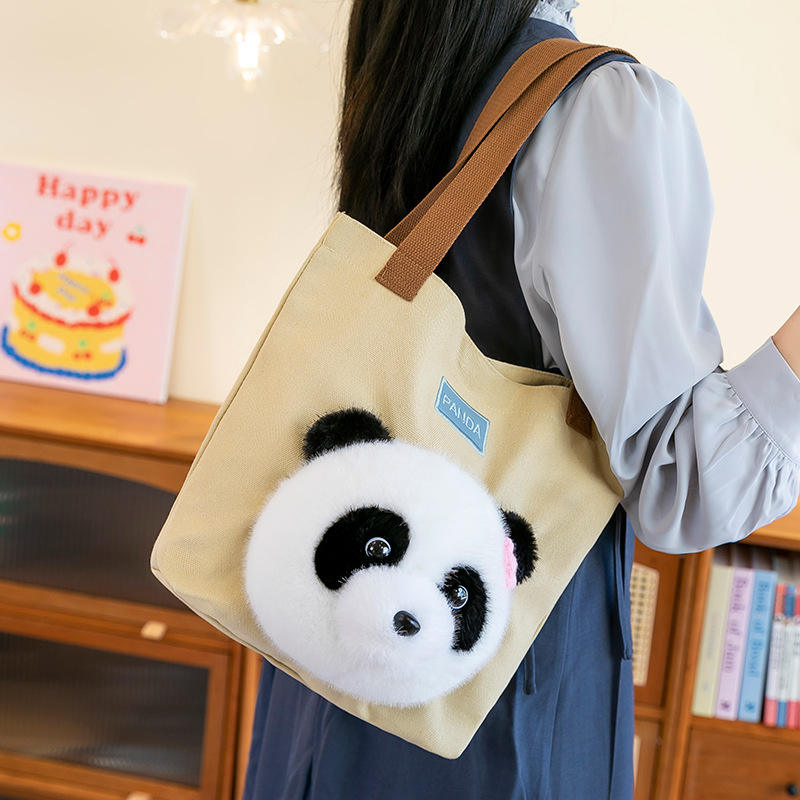 OEM Casual Panda Tote Handbag Fluffy Cute Canvas Shoulder Bag with Zipper Closure