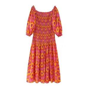 ग्रीष्मकालीन नई ठाठ फैशन मुद्रित मिडी ड्रेस विंटेज लंबी आस्तीन महिला पोशाक बागे मुजेर
