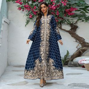 Imprimé floral Abaya musulman perles diamants Robe femmes moyen-orient élégant <span class=keywords><strong>Djellaba</strong></span> Robe ample Maxi Eid col en v maroc caftan - Product Image 3