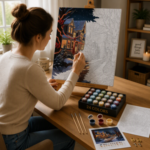 Kit Pittura a Numeri Personalizzato Fai <span class=keywords><strong>da</strong></span> Te per Adulti Principianti - Scena <span class=keywords><strong>Invernale</strong></span> con Casa, Strada e <span class=keywords><strong>Paesaggio</strong></span> Notturno su Tela - Product Image 4