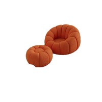 Ensemble de canapé en bouclette douce couleur citrouille avec fauteuil et ottoman, design crème à cannelures, confort ergonomique pour un salon douillet