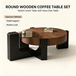 Modern Nesting Coffee <b>Table</b> Set Round Walnut Color Wood Top with Storage Drawer <b>Glass</b> <b>Side</b> for Living Room - Product Image 4